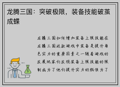 龙腾三国：突破极限，装备技能破茧成蝶
